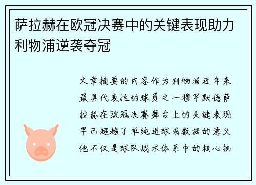 萨拉赫在欧冠决赛中的关键表现助力利物浦逆袭夺冠