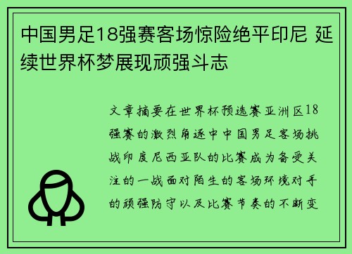 中国男足18强赛客场惊险绝平印尼 延续世界杯梦展现顽强斗志 中国男足18强赛客场惊险绝平印尼 延续世界杯梦展现顽强斗志